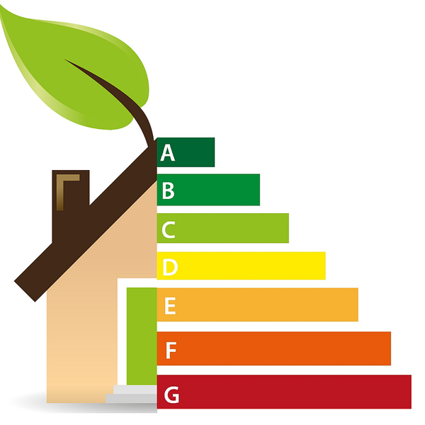 Hausgrafik mit farbiger Energieeffizienzskala A–G