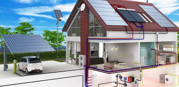 Schnittgrafik eines Einfamilienhauses mit PV, Speicher und Heizsystem