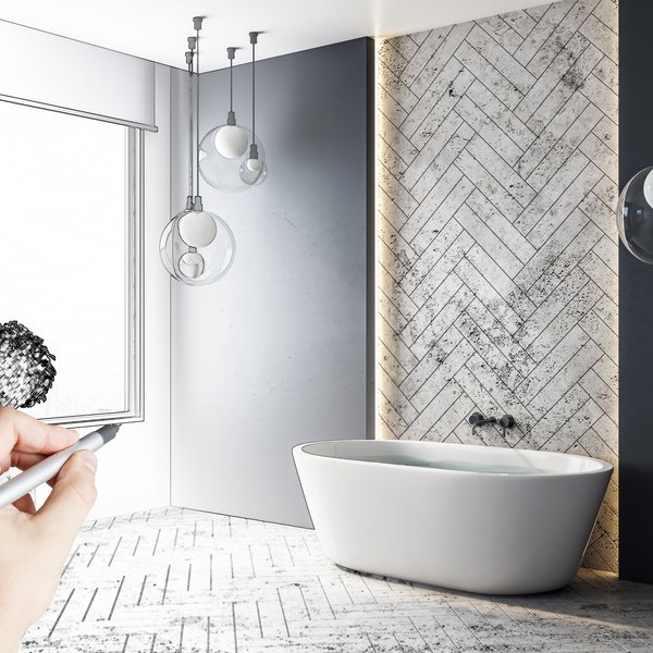 Hand zeichnet einen modernen Badezimmerentwurf mit Wanne.