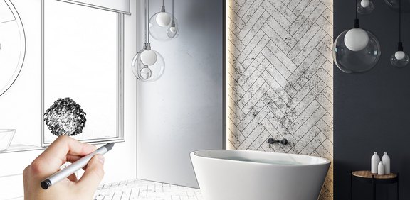 Hand zeichnet einen modernen Badezimmerentwurf mit Wanne.