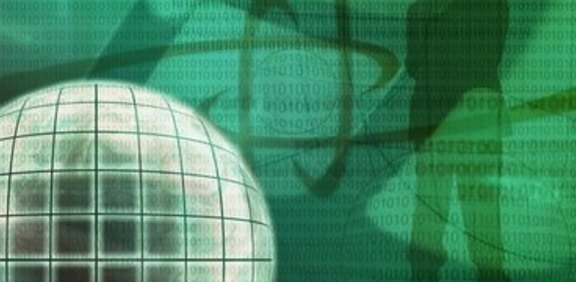 Abstrakte grüne Grafik mit Globus und Silhouetten