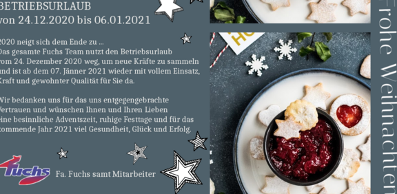 Weihnachtsgrußkarte mit Hinweis auf Betriebsurlaub und Gebäck